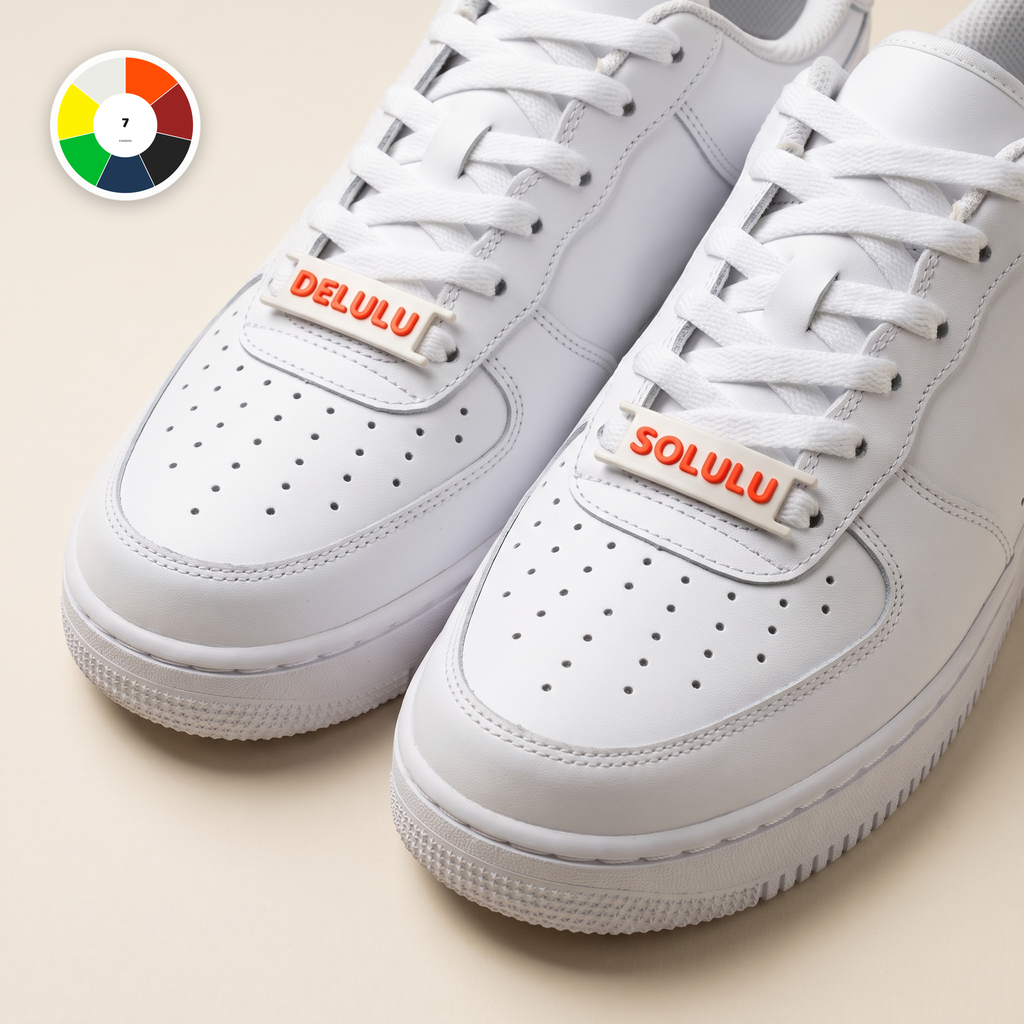 Brainrot Bundle – DELULU / SOLULU lace tags on white sneakers