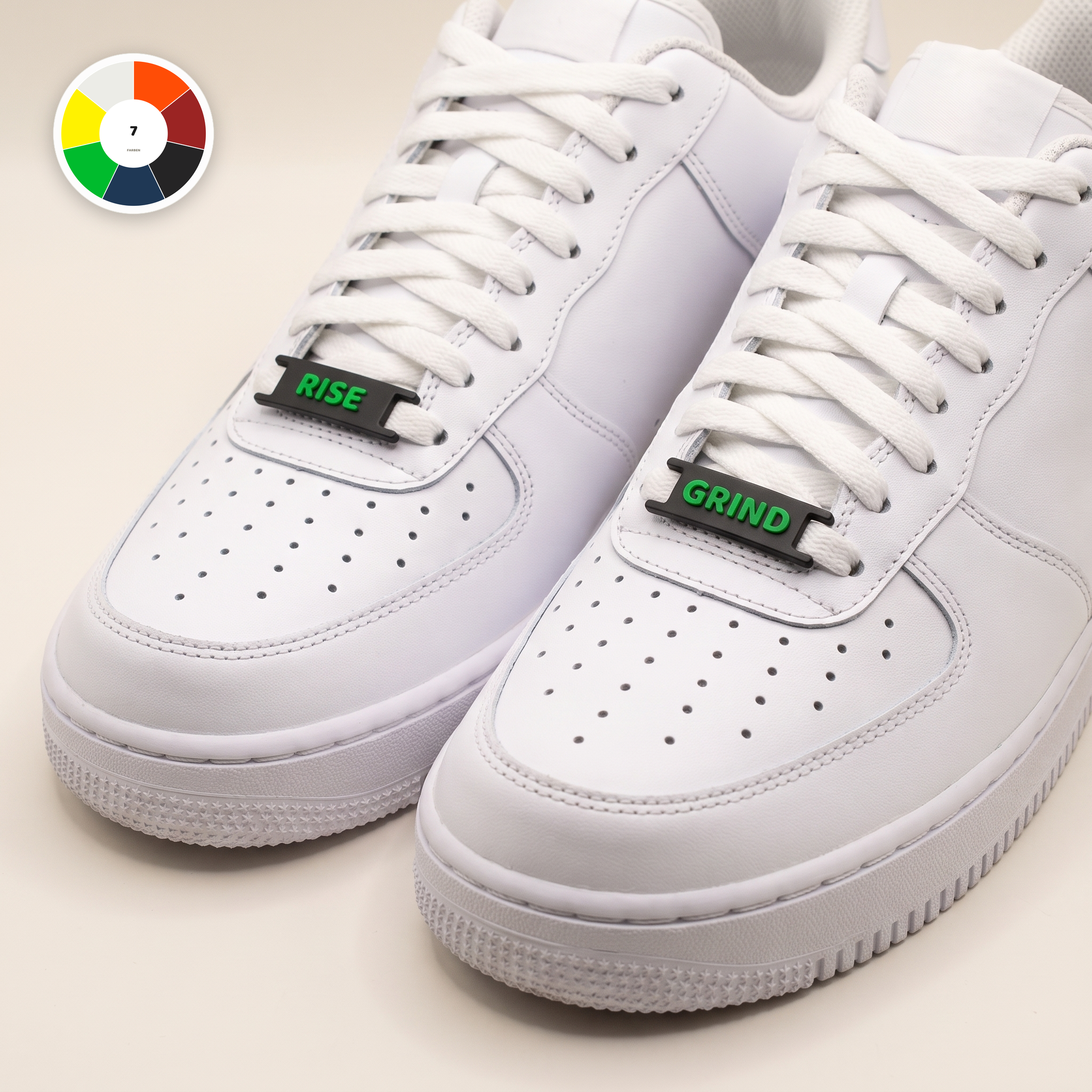 Hustler Bundle – RISE / GRIND lace tags on white sneakers